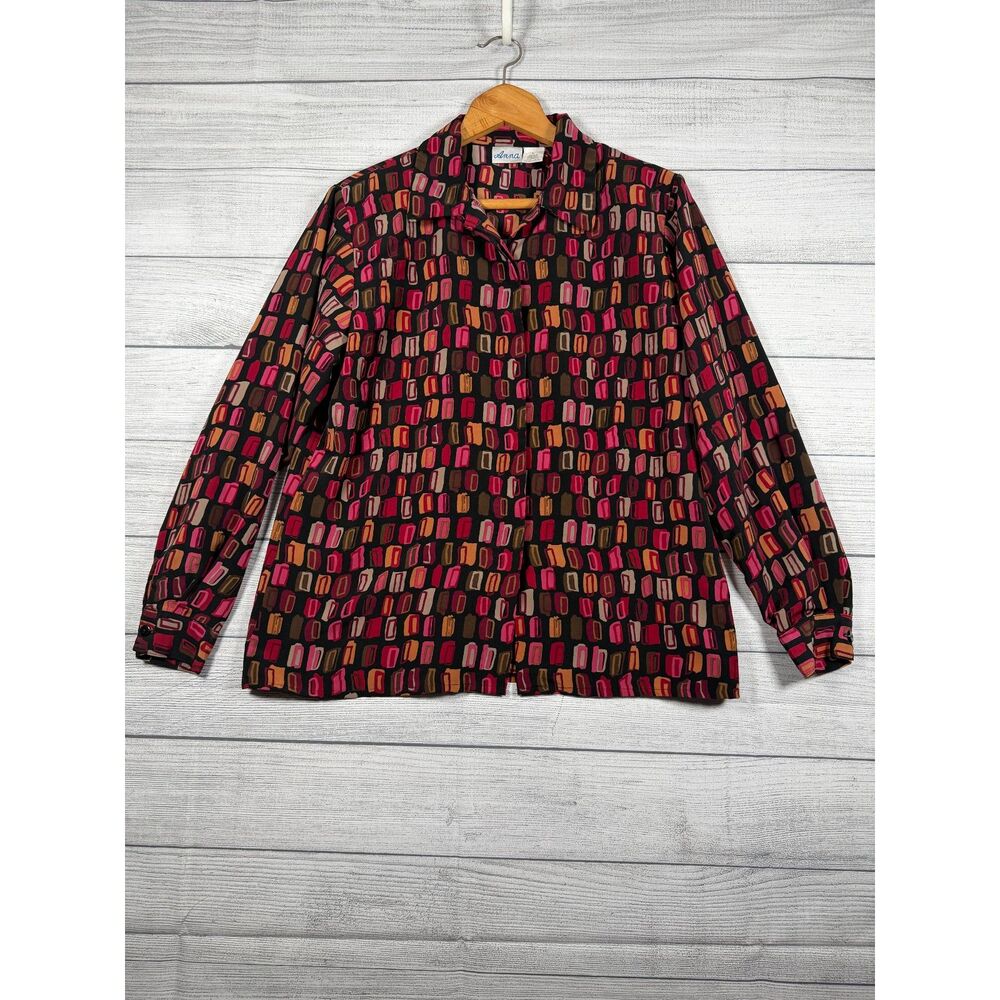 Vintage Anna Womens Large Black Pink Geometric Long Sleeve Button Blouse 4138